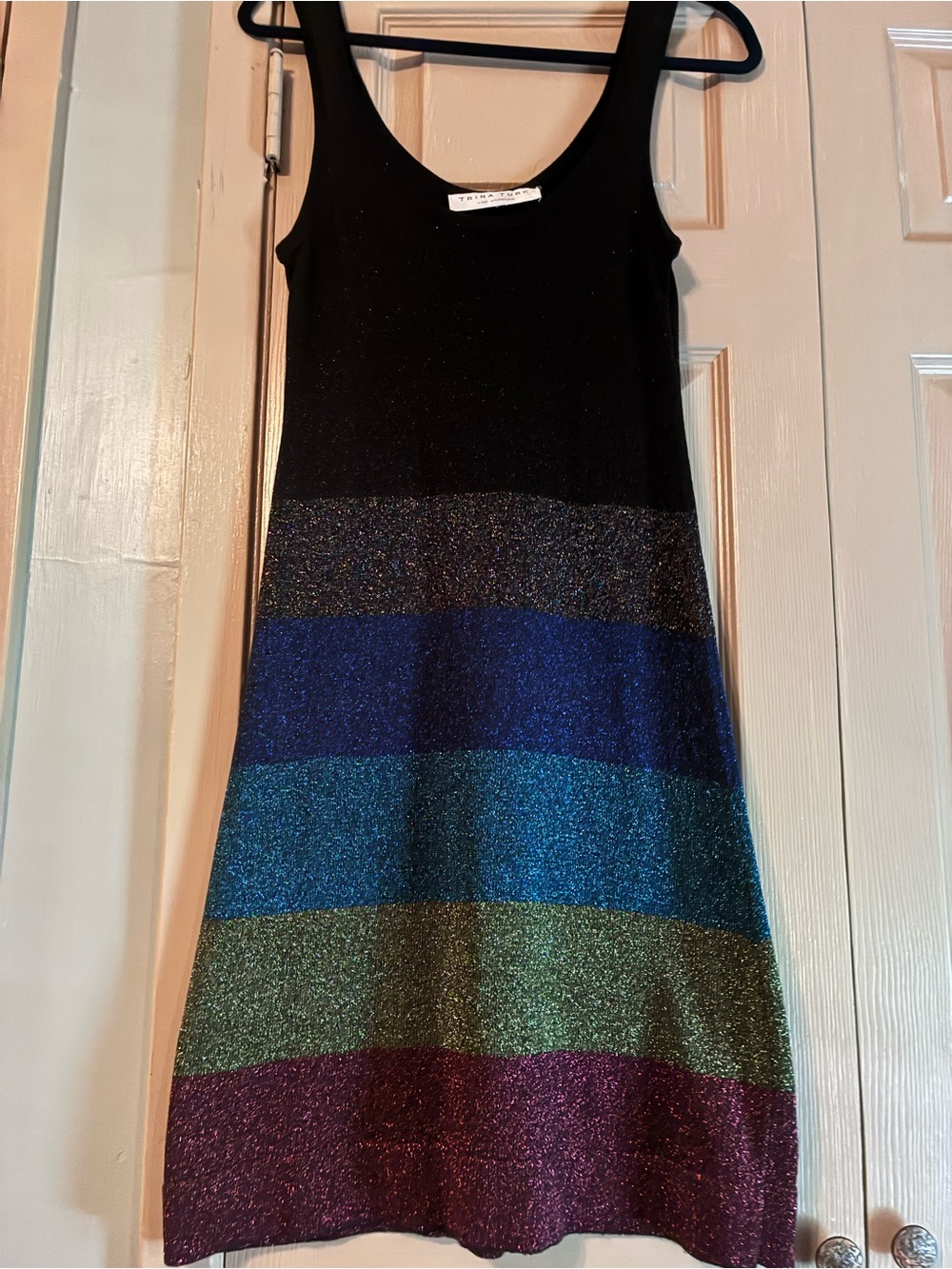 Trina Turk Black Tank Mini Dress with Multicolor Sparkle Stripes